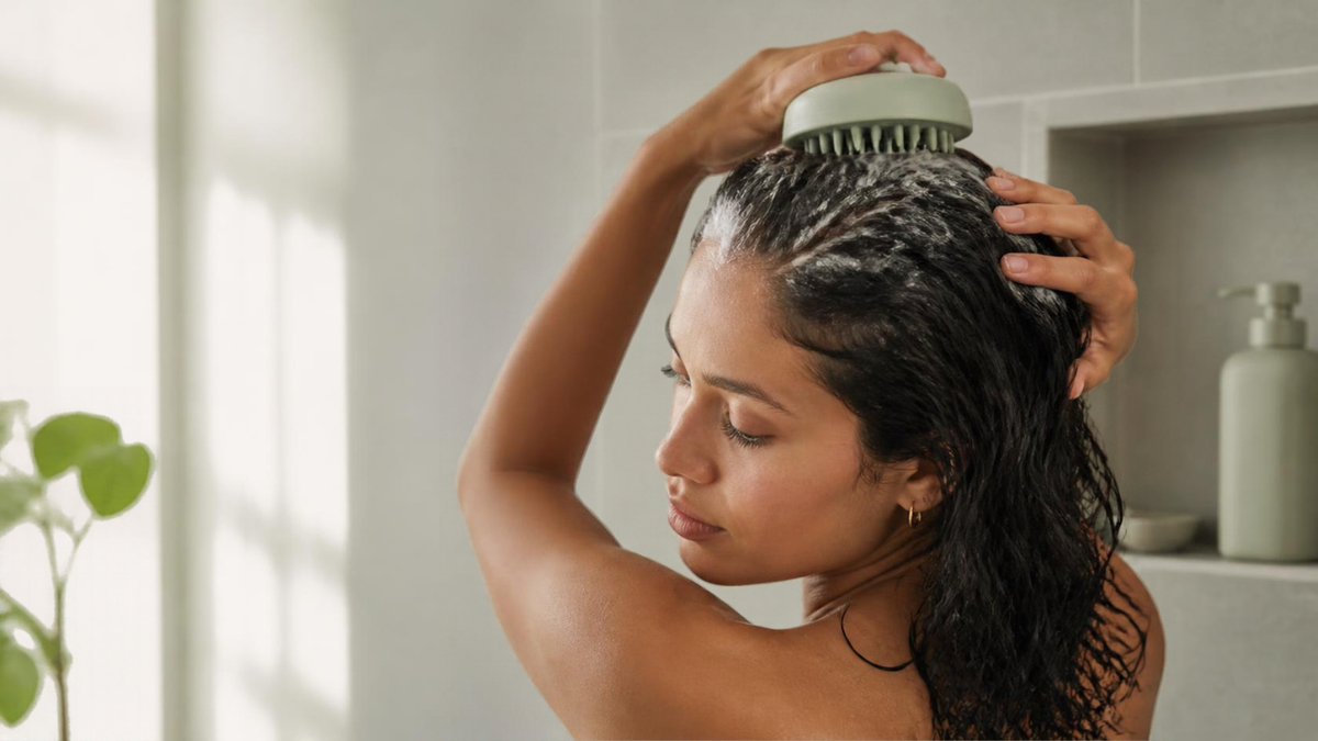 A woman gently places a soft silicone shampoo brush on her parted wet scalp during a bright, natural wash-day routine.