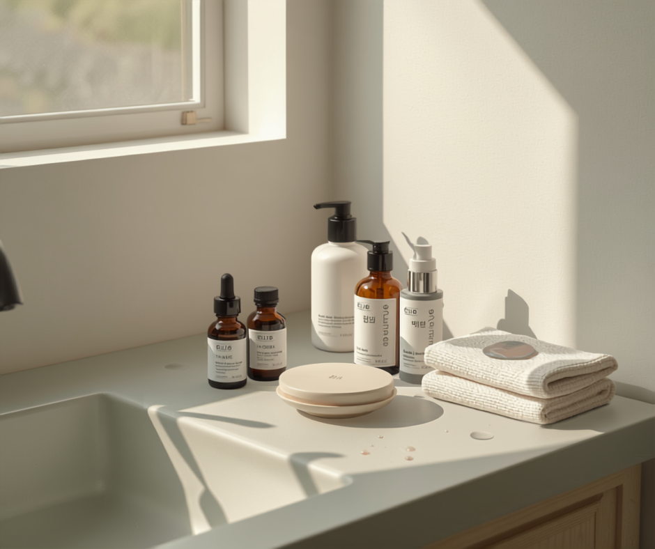A warm, naturally lit bathroom vanity with an assortment of skincare bottles, a folded towel, and cotton pads