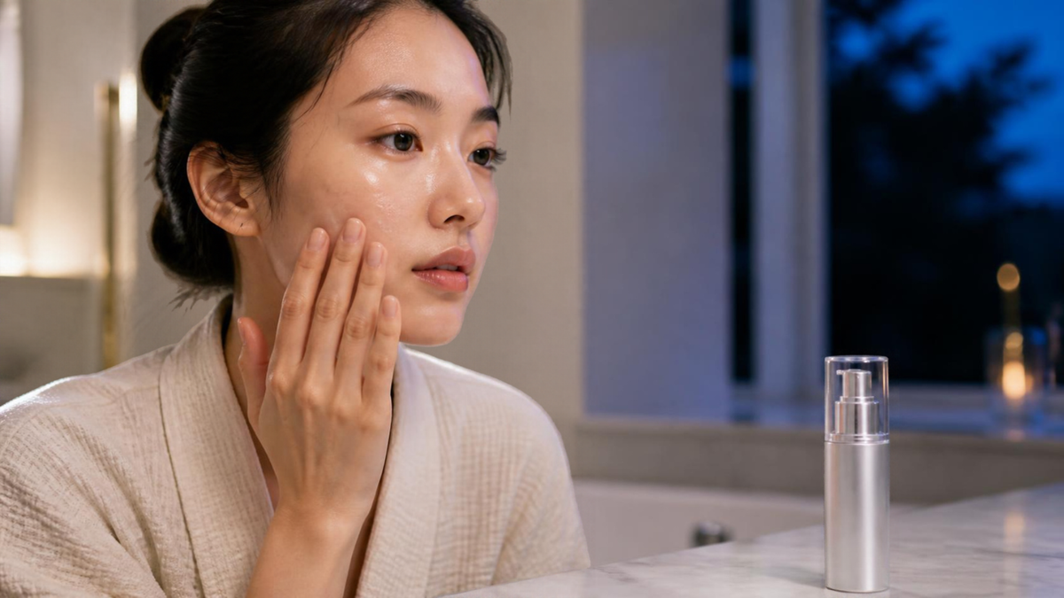 A woman gently presses a spicule serum into her cheek beside a silver pump bottle in soft blue evening light.