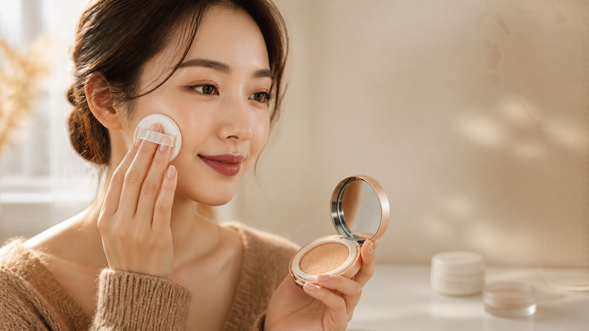 Adult East Asian woman pressing a cushion foundation puff onto her cheek beside a sunlit autumn vanity while holding an open compact.