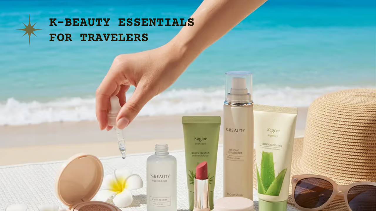 Southern European woman packing a compact K-beauty travel kit and sunscreen stick into a clear toiletry pouch beside an open carry-on.