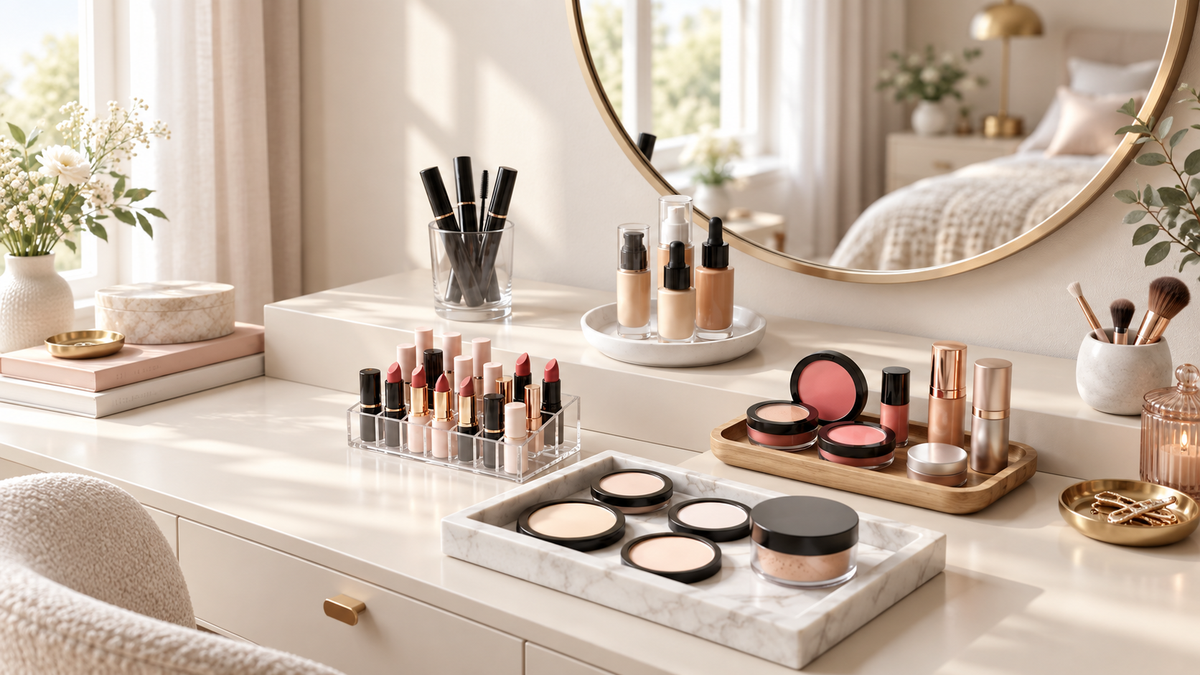 Text-free landscape vanity with organized mascara, lip products, complexion bottles, blush and powder in soft morning light.