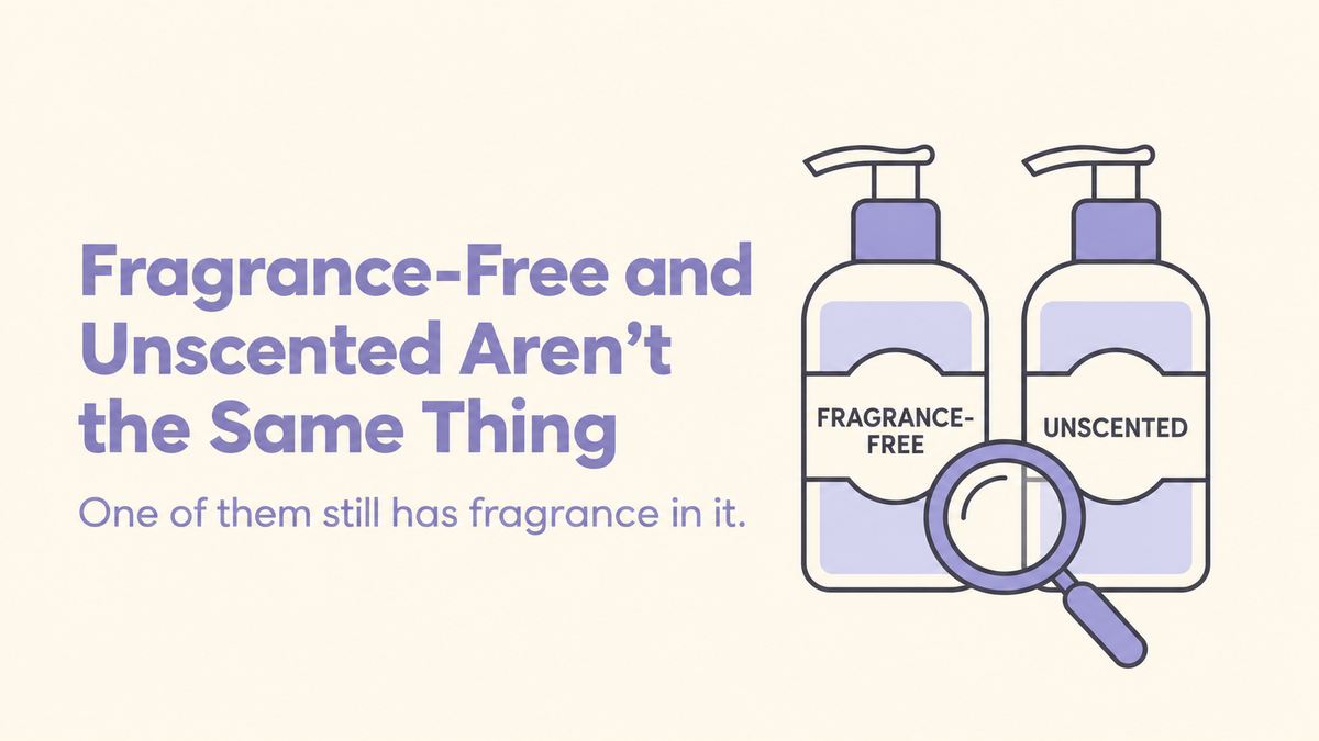 Illustrated fragrance-free and unscented pump bottles examined with a magnifying glass beside a label-comparison message.