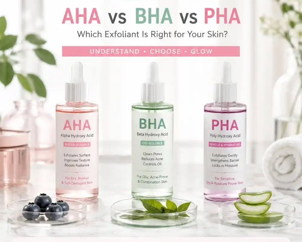 Woman gently using a cotton pad after cleansing at a sunlit summer bathroom sink beside real AHA, BHA and PHA Korean skincare products.
