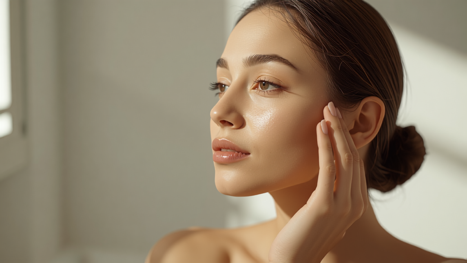 Southern European woman gently pressing a lightweight watery essence into her cheek in soft morning light for a fresh, dewy finish.