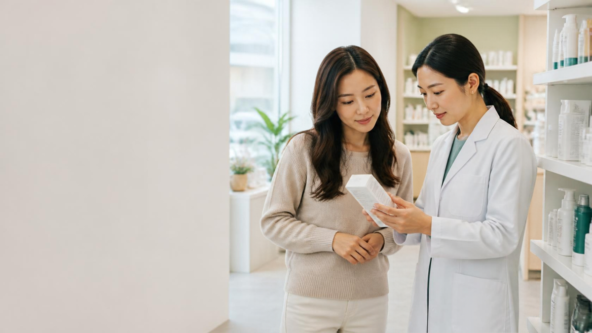 A customer and pharmacist reading an unbranded skincare box together in a bright modern Korean pharmacy.