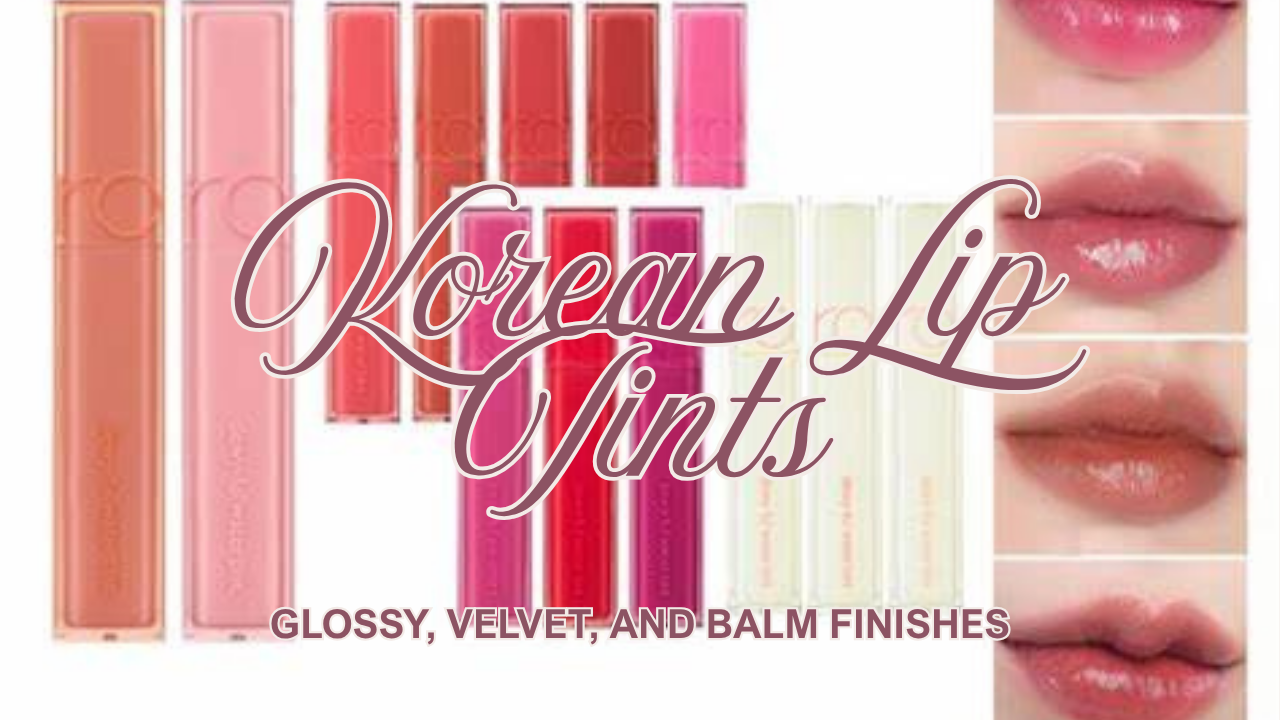 A Southern European woman applying rosy lip tint beside glossy, velvet and tinted-balm lip products in soft summer light.