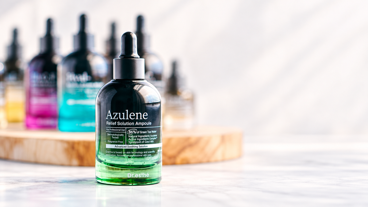 Azulene Relief Solution Ampoule bottle in front of softly blurred colourful serum bottles on a pale wooden shelf.