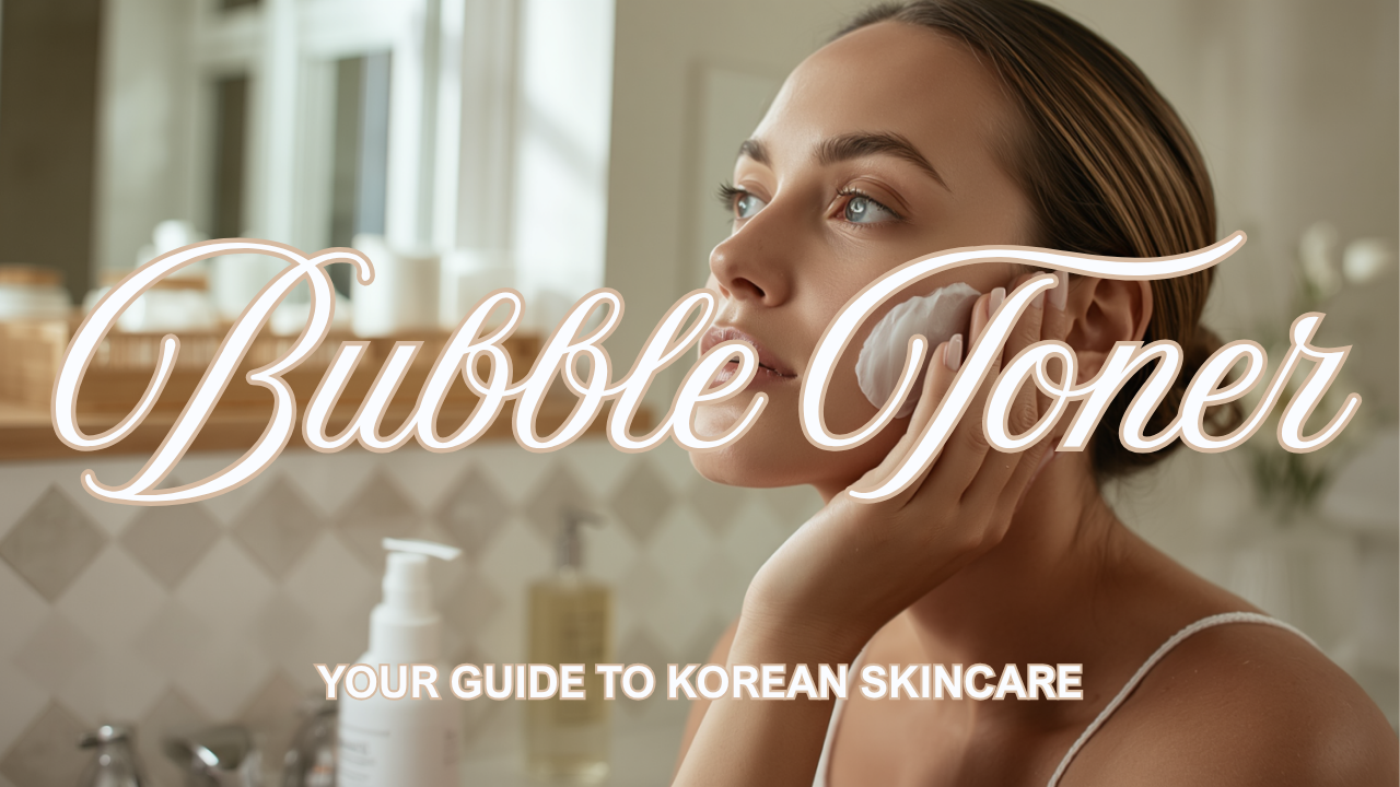 Woman pressing airy bubble toner foam onto her cheek beside an unbranded pump bottle in warm natural light.