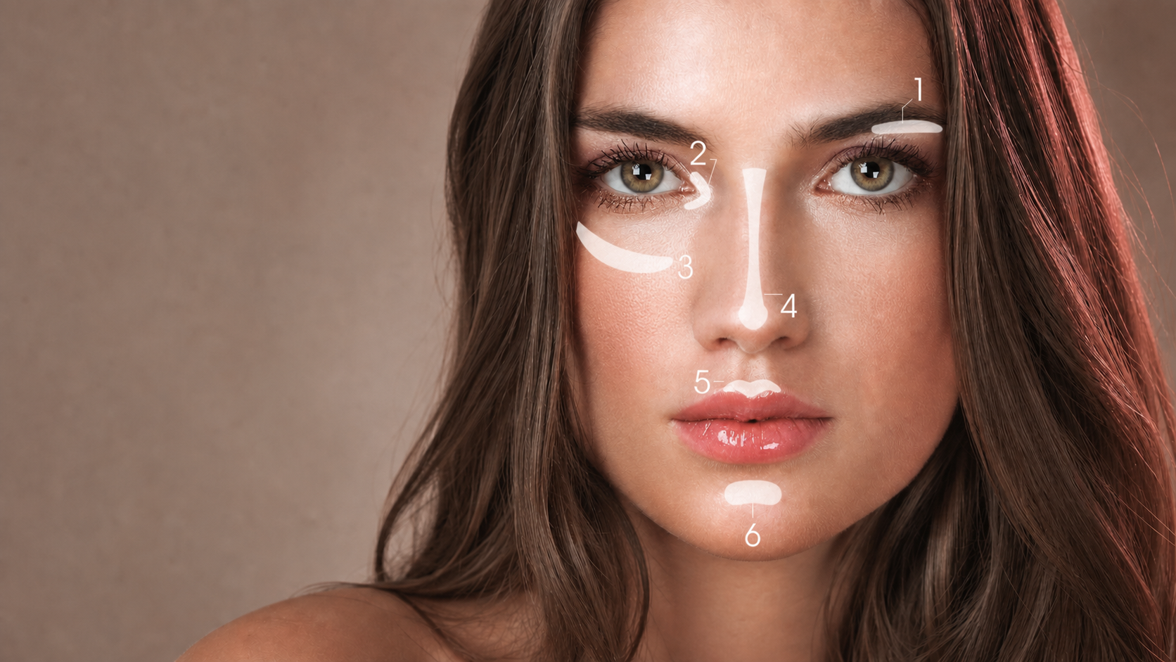 Close-up portrait of a woman with six numbered white contour and highlight guides mapped across her face