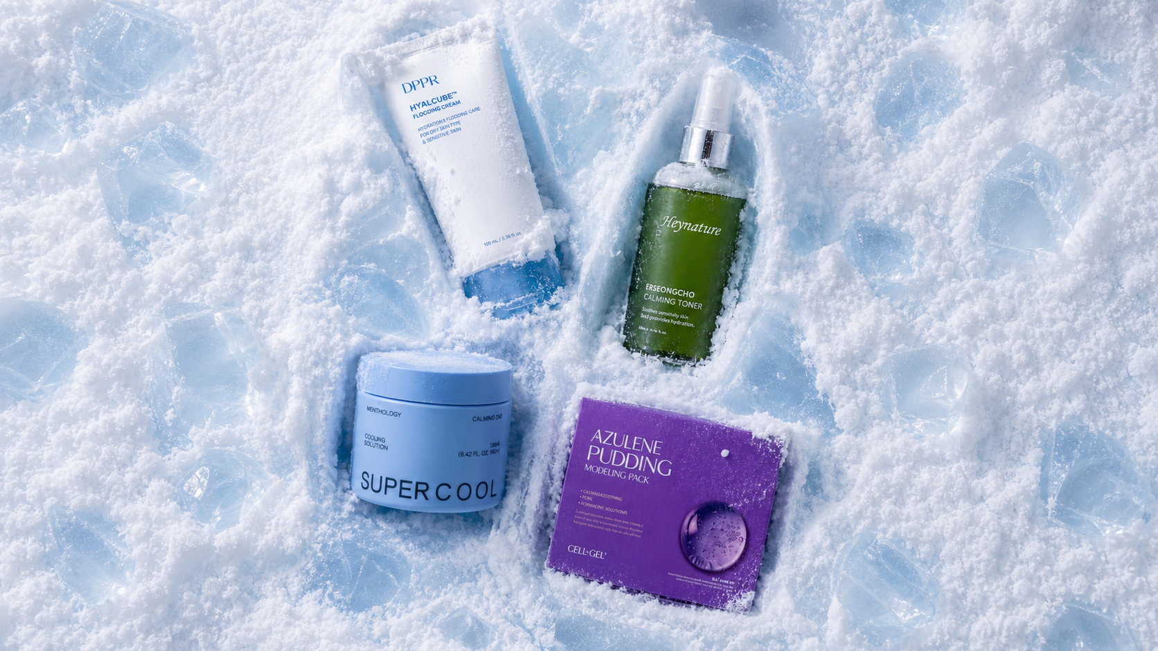 BEPLAIN sunscreen, SKIN1004 centella ampoule and soothing cream, and a MIXSOON centella mask arranged on pale blue frost.