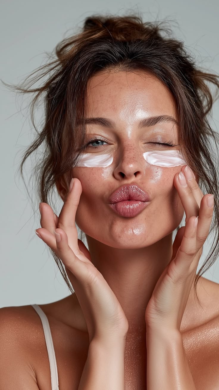 Woman applying cooling hydrogel eye patches in a naturally lit hotel bathroom, with Korean eye cream and sunscreen on the vanity.