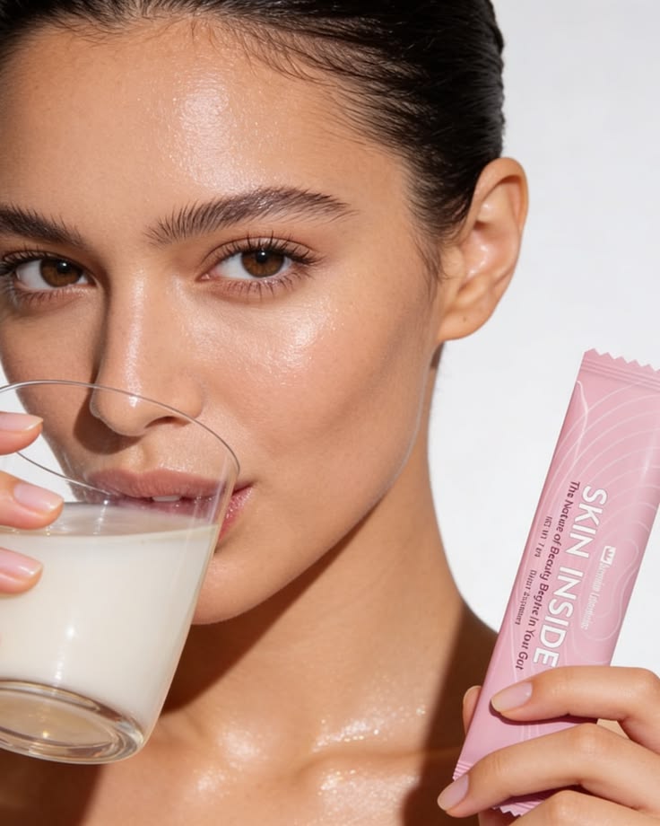 Woman applying collagen cream beside a glass of water and collagen supplement sachets in a naturally lit morning setting.