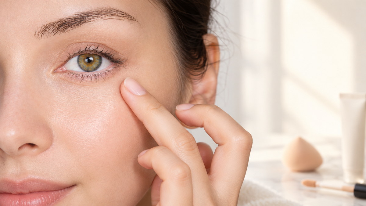 Close-up of a woman with a hazel eye gently tapping the orbital bone before makeup, with a beauty sponge and concealer softly blurred behind her.