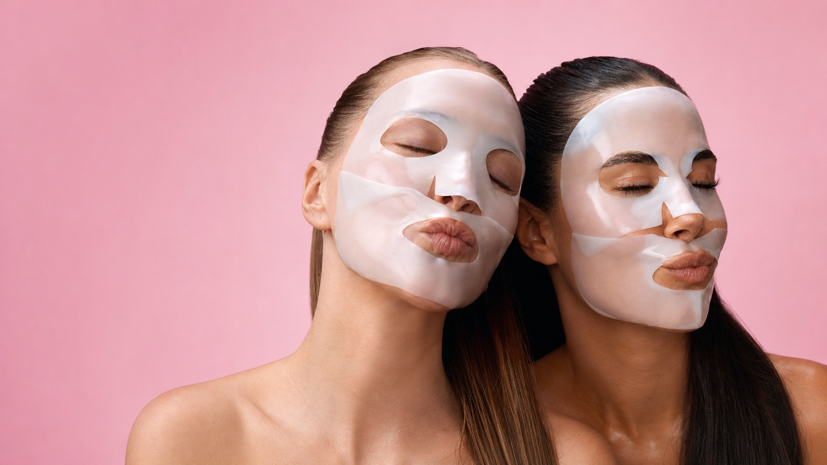 Two women wearing pearly translucent hydrogel face masks against a soft pink studio background.