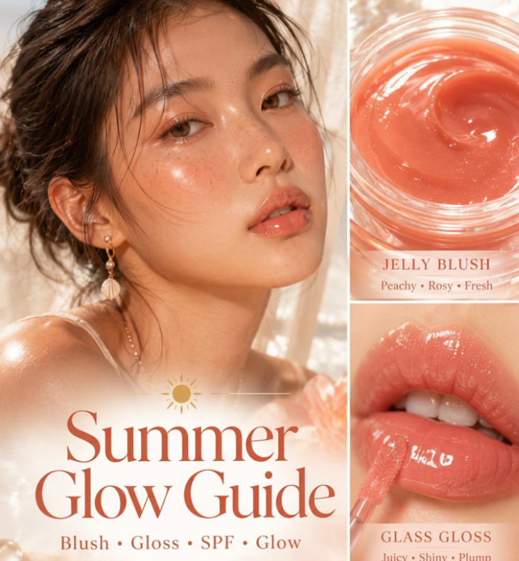 Southern European woman applying cushion foundation by a sunlit window with Korean makeup products on a nearby vanity.