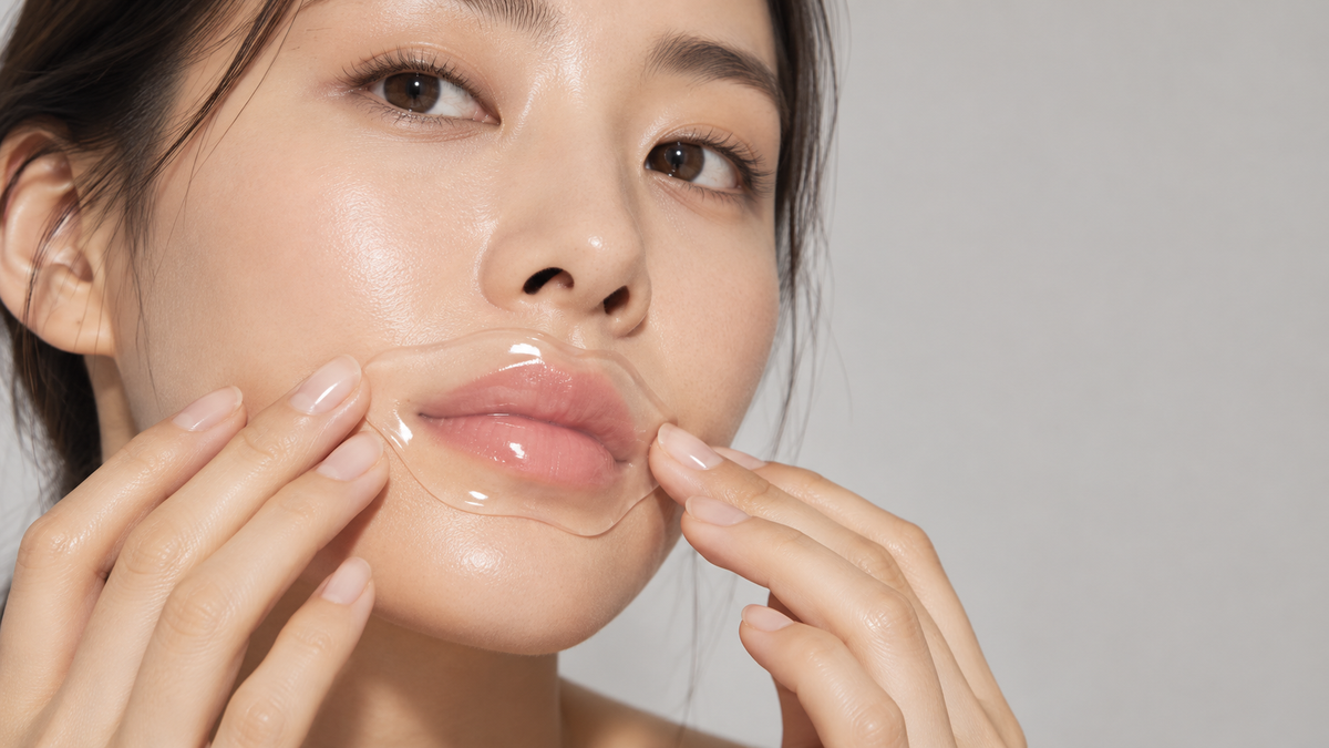 Studio close-up of a model positioning a transparent hydrogel lip mask over her lips with clean fingertips.