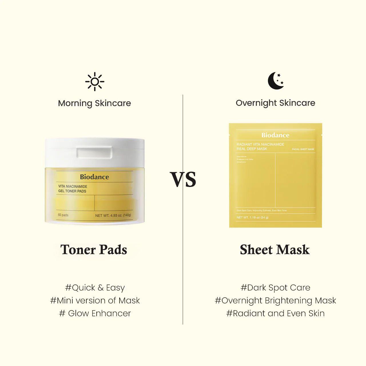 Woman applying a toner pad at a bright bathroom vanity beside liquid toner and a hydrating sheet mask.