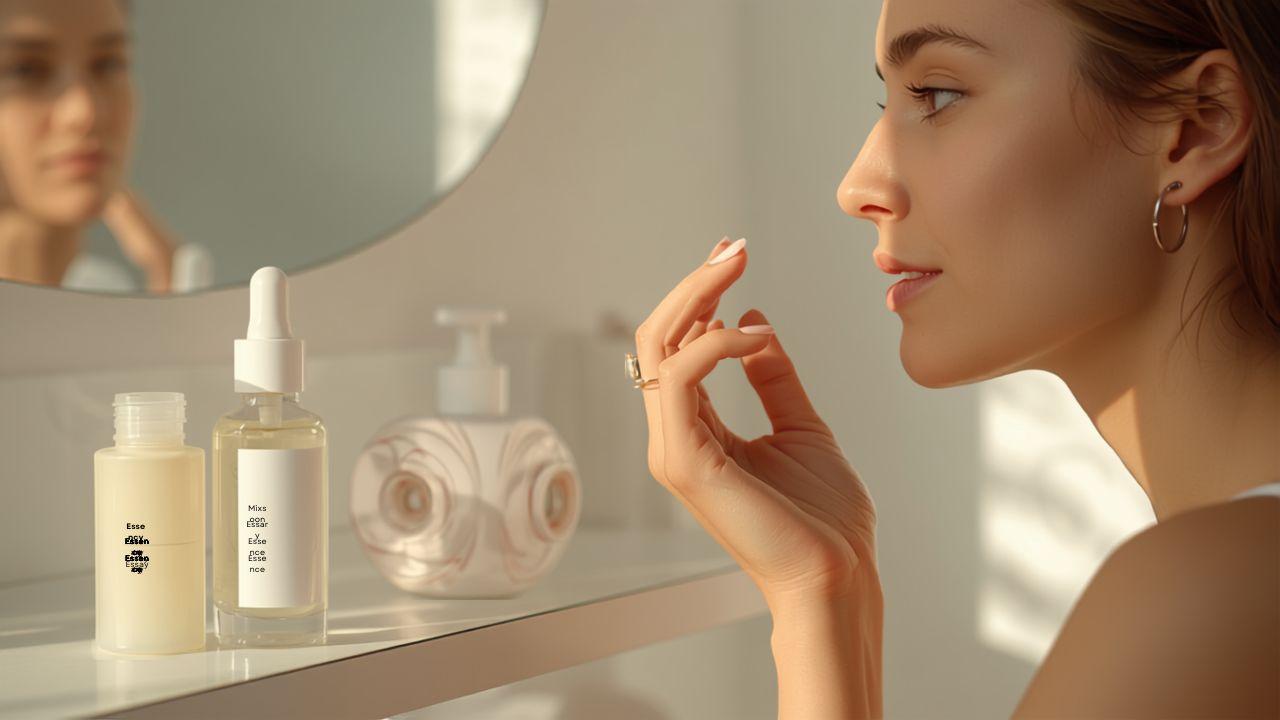 Woman comparing snail serum and bean essence while gently patting a clear skincare texture onto her cheek in natural bathroom light.