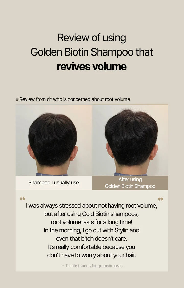 A promotional review graphic for Golden Biotin Shampoo. The top text reads 'Review of using Golden Biotin Shampoo that revives volume.