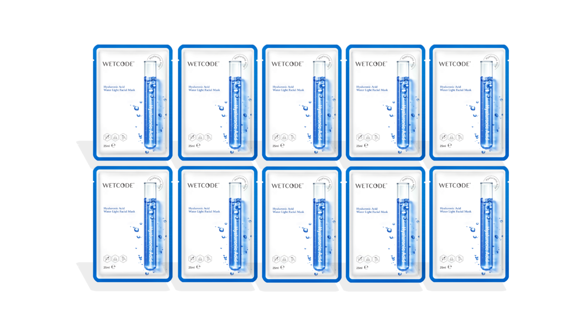 Multiple blue and white skincare masks arranged in a grid on a white background