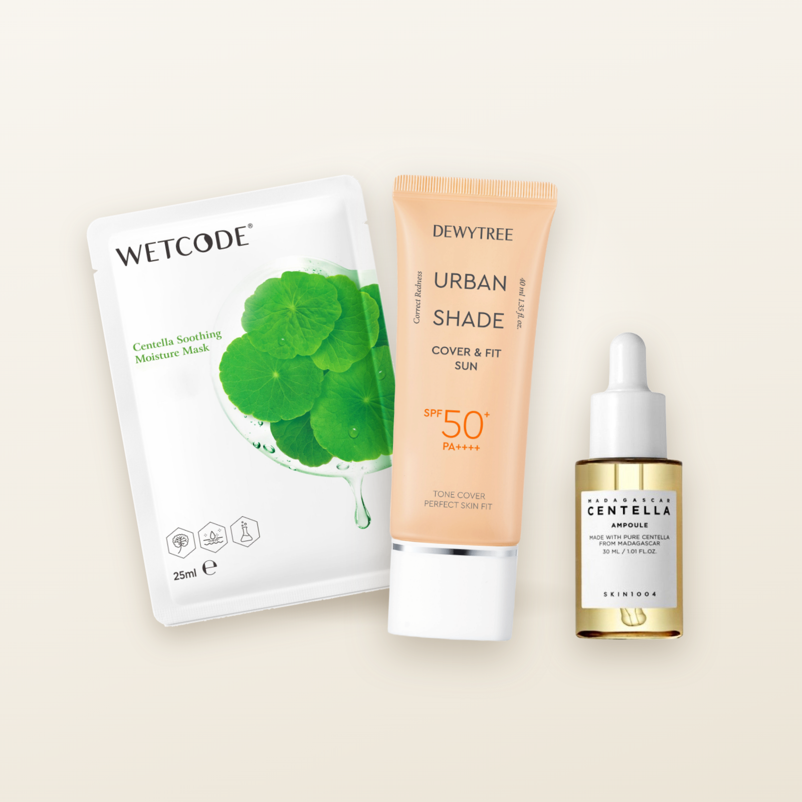 Sun & After-Sun Kit — DEWYTREE Urban Shade SPF50+ sunscreen, SKIN1004 Madagascar Centella Ampoule 30ml and WETCODE Centella soothing mask
