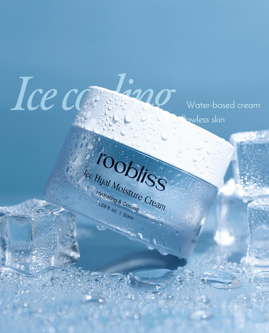 ROOBLISS Ice Hyal Moisture Cream jar on ice cubes